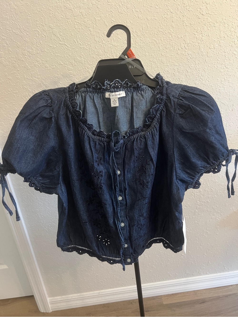 Free Assembly Navy Denim Peasant Blouse with Embroidered Detail (M)